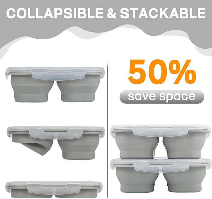 Collapsible Silicone Food Storage Container, 2PCS 4-Compartment Snack Containers Portion Control with Clip-on Lid, Stackable, Space Saving, Microwave/Fridge/Freezer/Dishwasher Safe (2)