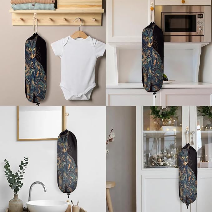 Sabokido Cat Pattern Plastic Bag Holder Washable Grocery Bag Storage Dispenser Reusable Hanging Shopping Bags Carrier Wall Mount Plastic Bag Organizer for Home Kitchen Decor