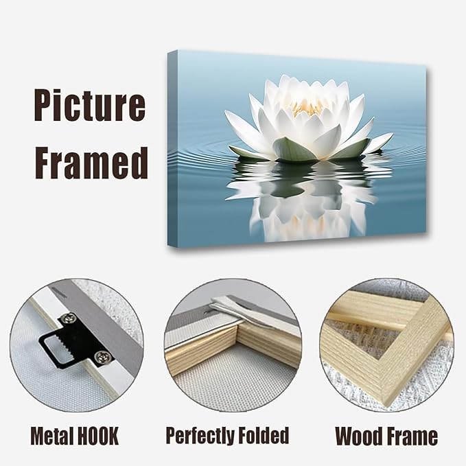 LZIMU Zen Canvas Wall Art White Lotus Flower Bloom in Water Picture Prints Teal Blue Artwork Bathroom Decor Framed for Yoga Spa Meditation Room (Zen-3, 20"x30")