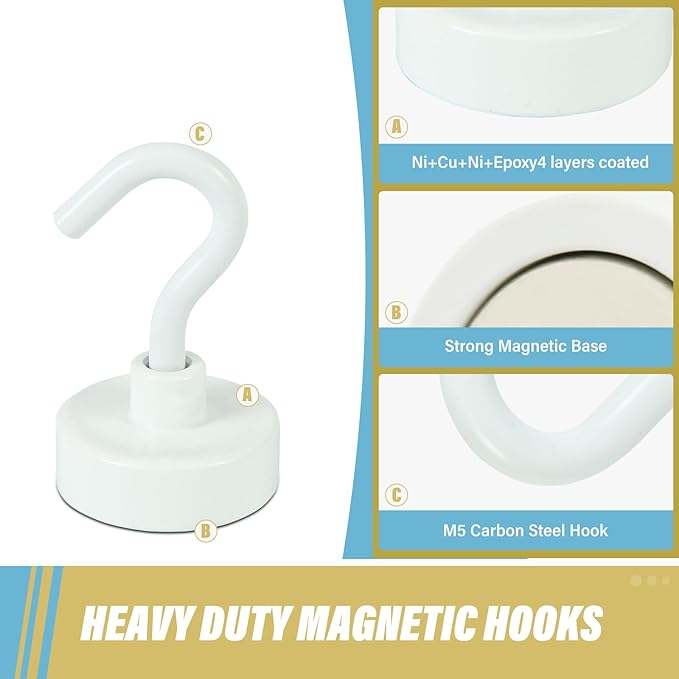 Neosmuk Magnetic Hooks, Heavy Duty Earth Magnets with Hook for Refrigerator, Extra Strong Cruise Hook for Hanging, Magnetic Hanger for Cabins, Grill (White, 6 Pack)