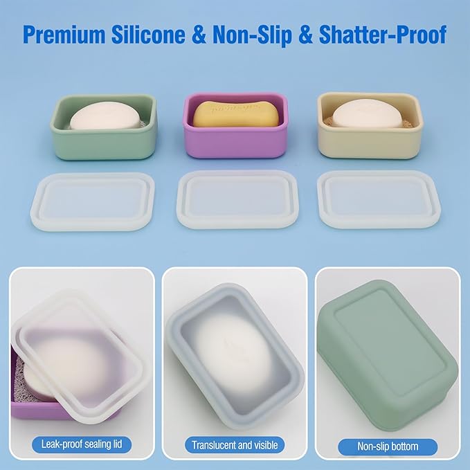 Enhanced Leak Proof Travel Soap Case, Compact Silicone Travel Soap Dish with Drainage Pad, Great for Gym, Camping, Business Trip (Black)