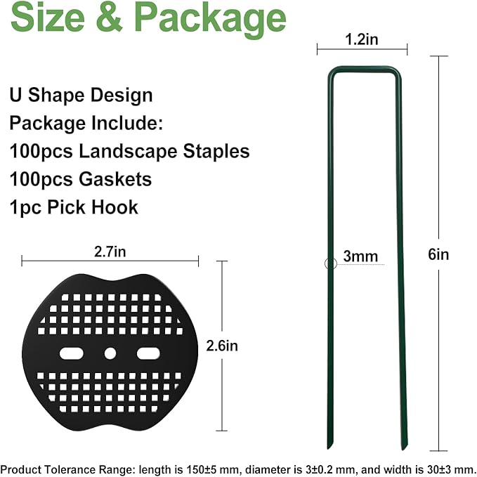 FOTMISHU Landscape Staples 6Inch 100pcs Garden Stakes + 100pcs Gasket, Lawn Pins with Spray Coating Craft,11Gauge Anti-Rust Ground Yard Spikes Anchoring for Outdoor Tents Irrigation Hoses (Green)