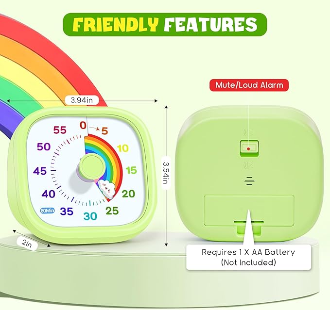 HIPPIH Visual Timer for Kids - 60 Minute Pomodoro Timers for Classroom Kitchen Office, Countdown Kids Timer Clock with Rainbow Disk, Desk Time Management Tool for Toddler with Silent Operation, Green