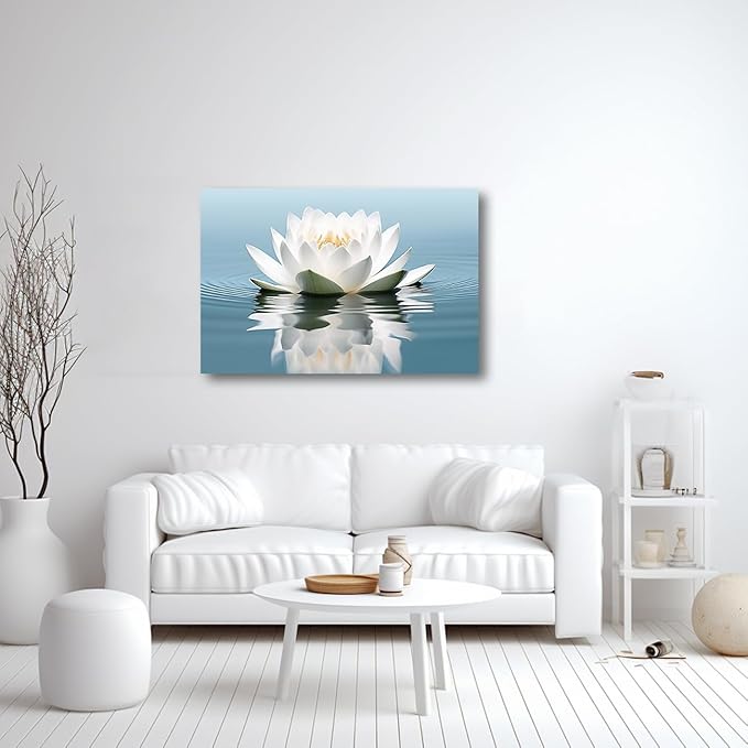 LZIMU Zen Canvas Wall Art White Lotus Flower Bloom in Water Picture Prints Teal Blue Artwork Bathroom Decor Framed for Yoga Spa Meditation Room (Zen-3, 16"x24")