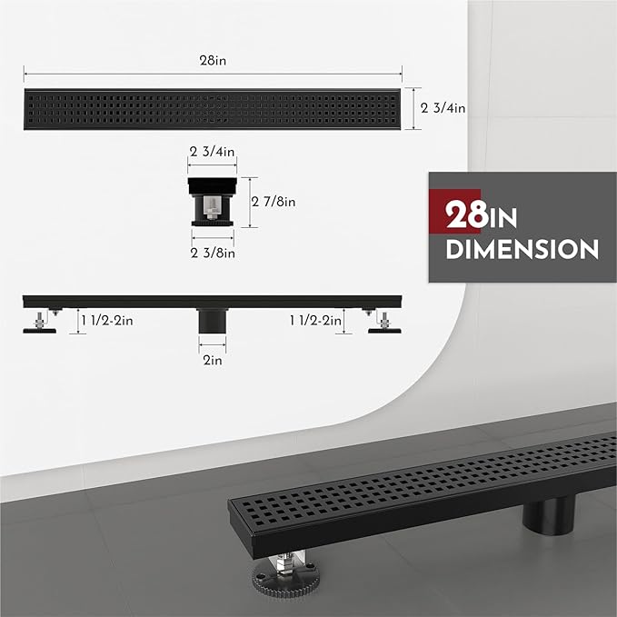 WEBANG 28 Inch Linear Shower Drain Rectangular Floor Drain with Accessories Square Hole Pattern Cover Grate Removable SUS304 Stainless Steel CUPC Certified Matte Black