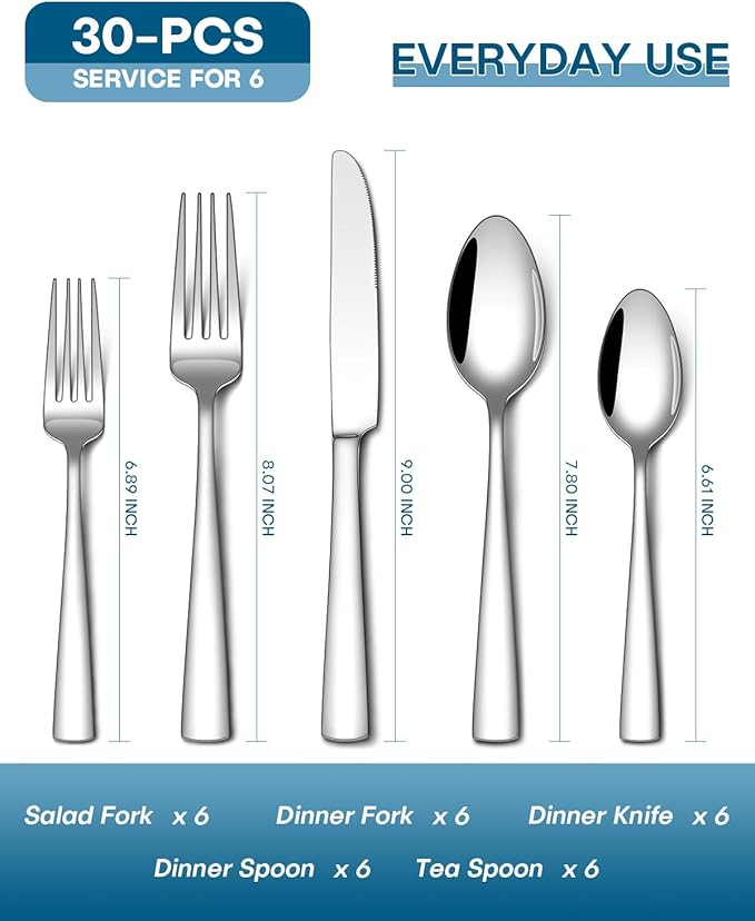 Stapava 30 Piece Silverware Set, Food-Grade Stainless Steel Flatware Sets for 6 Mirror Polished Cutlery Utensil Sets Include Dinner Knives Spoons and Forks Set Dishwasher Safe for Home Restaurant