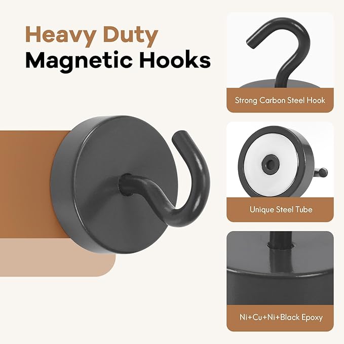 Neosmuk Magnetic Hooks, Cruise Ship Essentials, 80lb+ Heavy Duty Magnetic Hooks for Cruise Cabins, Refrigerator, Grill, Hanging, and Travel | Extra Strong Must-Haves Magnet Hook,Gunmetal, 5 Pack
