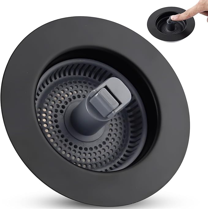 Universal 3 in 1 Kitchen Sink Drain Strainer Stopper Combo, Black Stainless Steel Shell Pop Up Sink Stopper for US Standard 3-1/2 inch Drain Filter, Anti-clog and Easy Clean, Matteblack