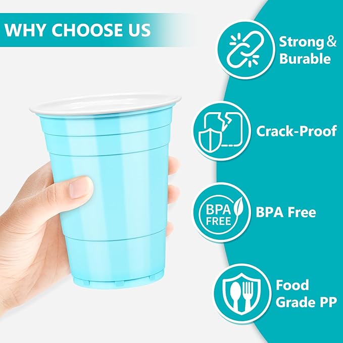 LANLISA 50 Light Blue Plastic Cups, 16 oz Disposable Cups, Drinking Cups For Birthday Party, Baby Shower, Easter