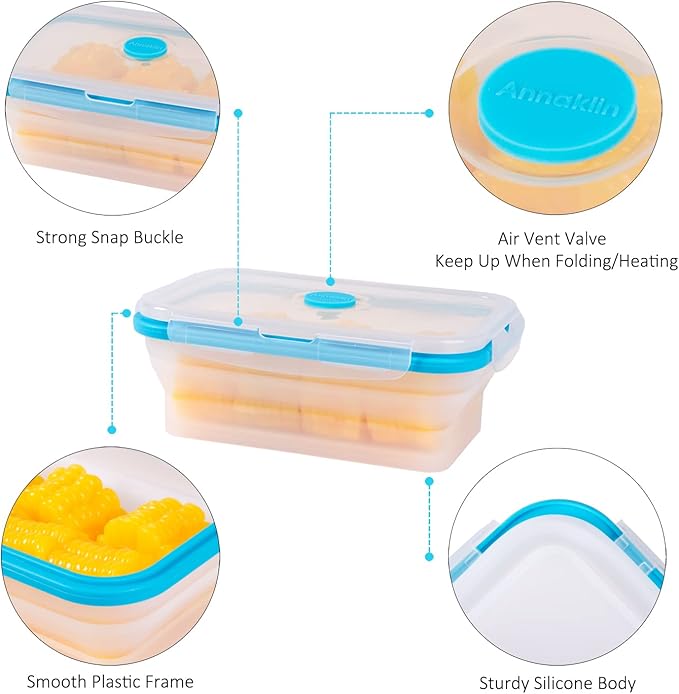 Collapsible Food Storage Containers with Airtight Lid & Vent, 27oz, Kitchen Stacking Silicone Collapsible Meal Prep Container Set for Leftovers, Microwave Freezer Dishwasher Safe, Translucent, Set of 4