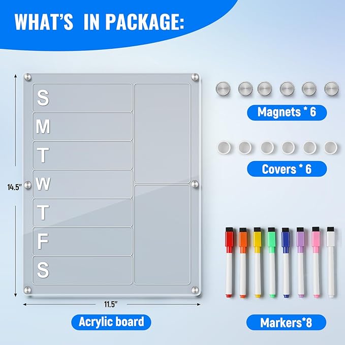 Acrylic Magnetic Menu Board for Kitchen, Large Weekly Meal Planner for Fridge, Clear Refrigerator Planning Board with 8 Color Markers, Dry Erase Board for Grocery/Shopping/to Do List -14.5''*11.5''