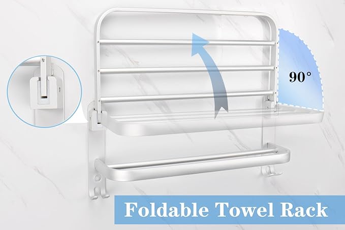 Towel Rack for Bathroom, Bath Towel Holder with Double Towel Bar and Fold-able Towel Shelf, Rustproof Towel Organizer Wall Mounted Towel Storage Hanger for Bath/Balcony/Lavatory(16In Sliver)