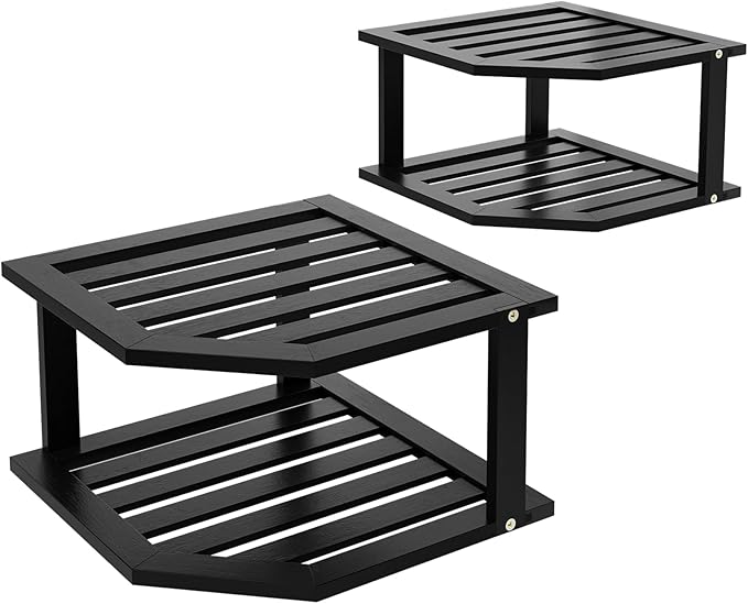 Bamboo Corner Shelf(2 Pack),2 Tier Plate Organizer for Cabinet and Countertop,Pantry Dish and Spice Rack for Kitchen(Black)