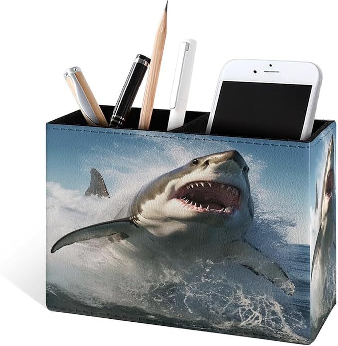 Famame Shark Jumping Out Water Pencil Holder for Desk, Leather Desktop Container Pen Cup Storage Study Table Pen Organizer Makeup Brush Holder for Classroom Office Home