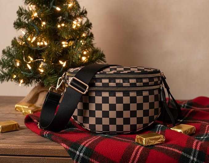 Checkered Crossbody Bag Bum Bag for Women, Spacious Sling & Stylish Bum Bag for Travel, Concerts, Festivals, Nylon Fanny Pack Belt Bag