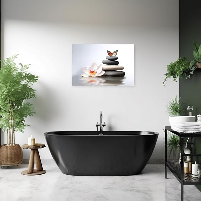 ARTZGX Zen Canvas Wall Art Spa Pictures Wall Decor Flower Zen Stones Butterfly Painting Print for Bathroom Yoga Decor Frame(Zen Flower - A 24.00" x 36.00")