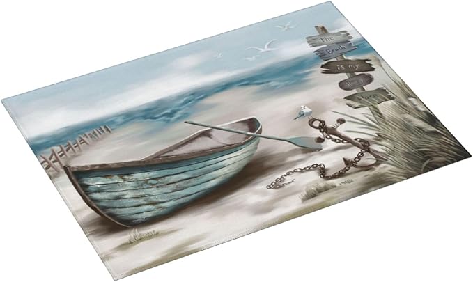 Sea view wooden boat Dish Drying Mat for Kitchen Counter Decor 18x24 Inch Floral Absorbent Reversible Microfiber Dish Drying Pad Flower Dish Drainer Rack Mats for Coffee Bar