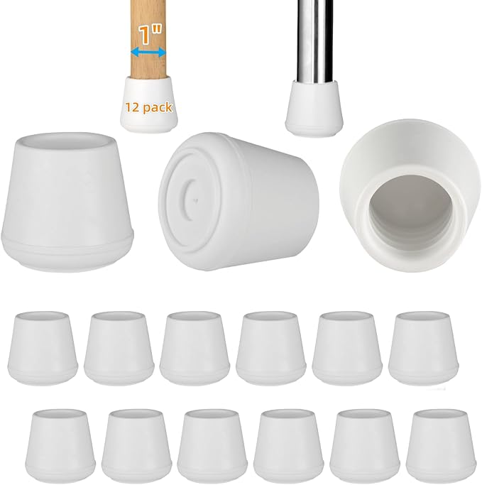 1" Chair Leg Tips Caps, Non-Slip Rubber Leg Tips, Stool Leg Protectors Cap, Folding Metal Chair Leg Tip Replacement, Chair Leg Floor Protectors Round White, 12 Pack