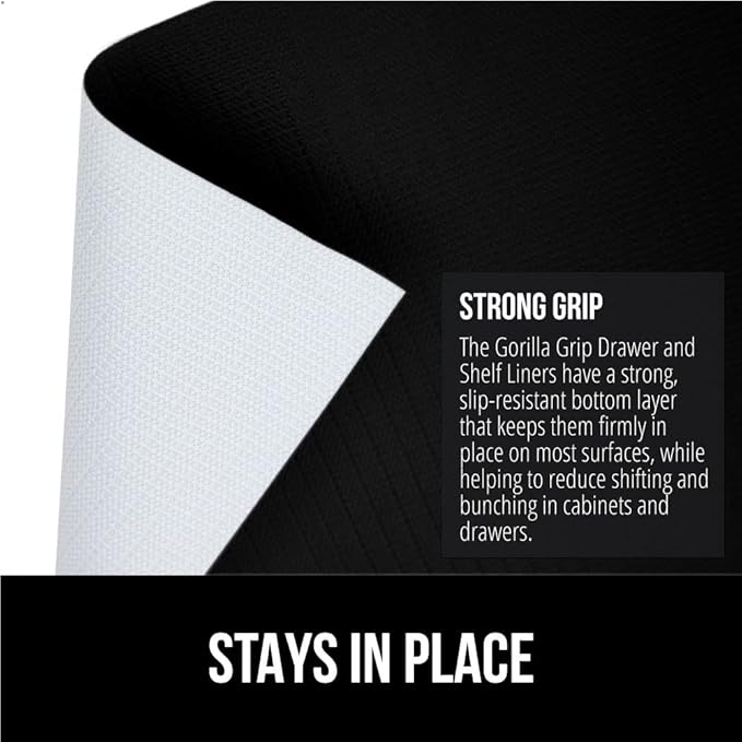 GORILLA GRIP DripGuard Shelf Liner, Non-Adhesive Drawer and Kitchen Cabinet Protector, 20x240 Inch, Strong Grip Slip Resistant Underside, Smooth Surface Liners for Cabinets, Bathrooms, Closets, Black