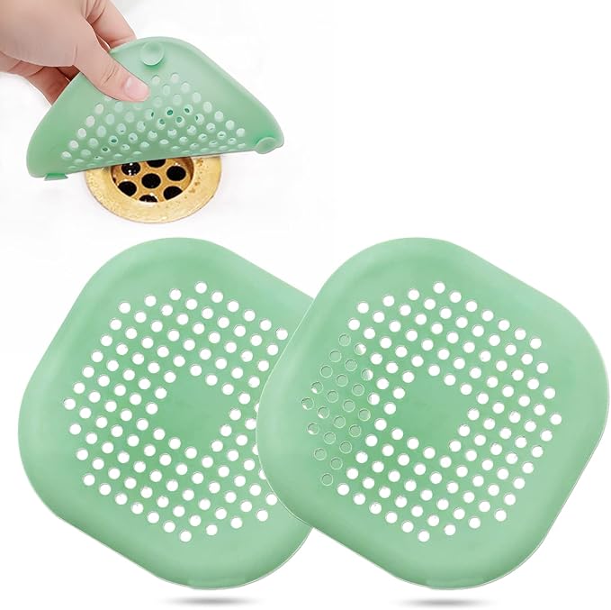 Hair Drain Catcher, Square Drain Cover for Shower, Silicone Hair Stopper with Suction Cup, Easy to Install, Suitable for Bathroom, Bathtub, Kitchen, 2 Pack (Green)