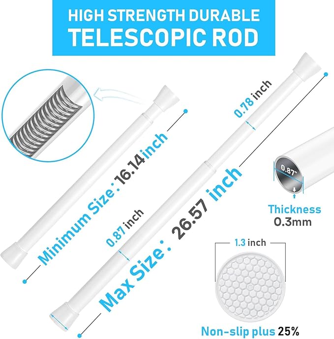 White Tension Rod 16 To 26 Inch Spring Curtain Rod Adjustable Tension Curtain Rods No Drilling Short Tension Rod Extendable Small Spring Tension Curtain Rod for Closet Cupboard Bars Refrigerator