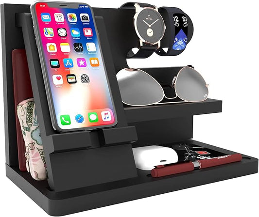 Gifts for Men Desk Organizer Wooden Phone Docking Station Key Wallet Holder Watch Organizer Men Birthday Gifts for Dad Birthday Gift Nightstand Organizer