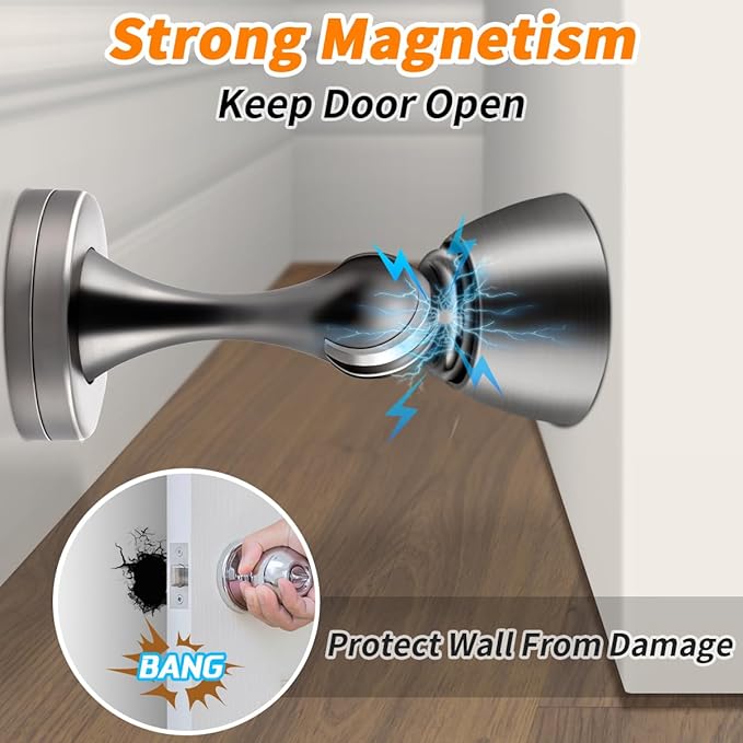 KOLAKO Door Stops, Magnetic Door Stoppers for Bottom of Door, Brushed Stainless, Heavy Duty Magnet Door Stop Floor Wall Mount Soft Catch Door Holder Magnetic Doorstop with Screw, 2 Pack