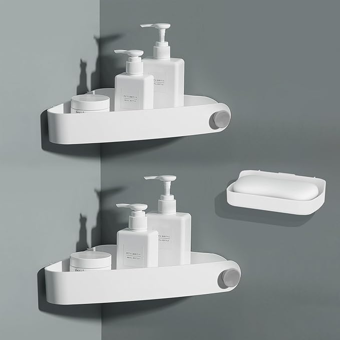 Sotfamily Plastic Shower Caddy Corner (For 90° Only), Adhesive Corner Shower Shelves for Bathroom Organizers and Storage, 2 Pack + Soap Dish, White