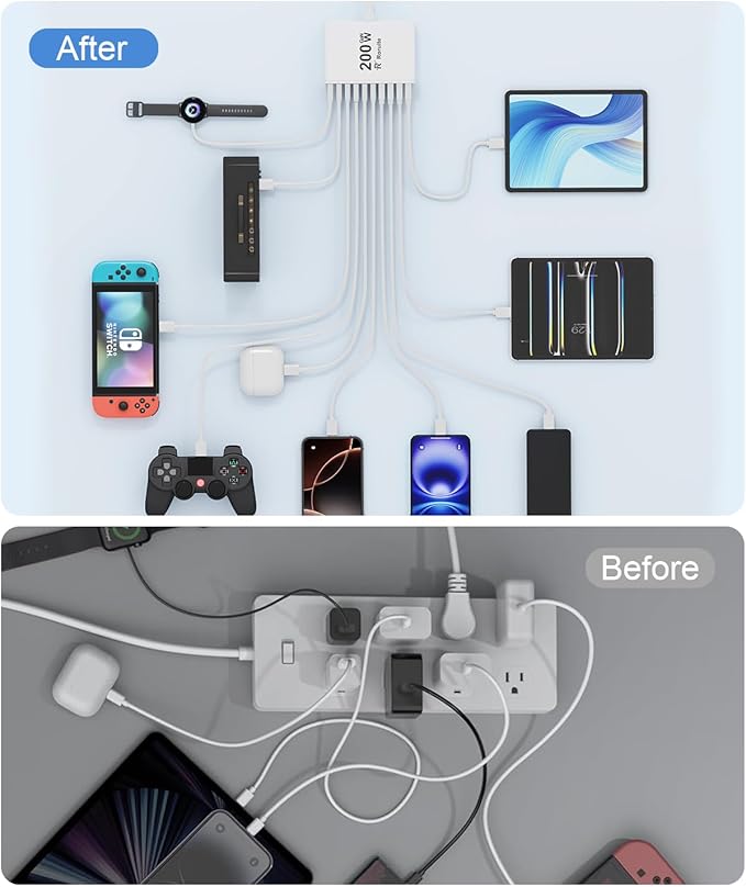 USB C Charging Station 10 Port with 4 USB Cables, 200W GaN Type C Charger Block, Wall Charger Power Strip Adapter Plug for iPad iPhone17 16 15 14 13 12 Pro Max Pixel Note Galaxy