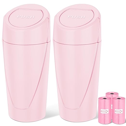 Kincown Car Trash Can, 2 Packs Mini Car Trash Bin with Lid, Leakproof Cup Holder Car Garbage Can with 60 Trash Bags, Vehicle Front Back Seat Organizers and Storage for Car, Home, Office, Pink