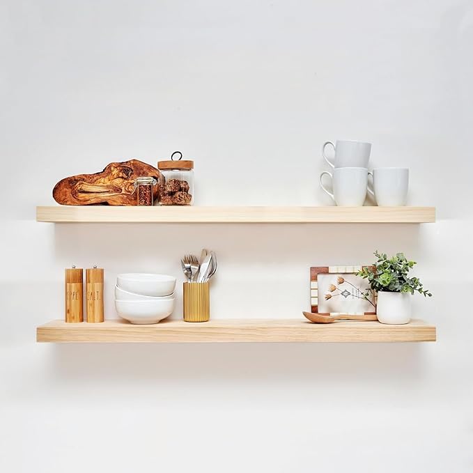 Homeforia 42 inch Natural Floating Shelf, High-End Solid Real Wood 42 inch Small Floating Shelves for Wall Mounted, Natural Wooden Floating Shelves, Heavy Duty Bracket, 42 X 6.5 X 1.75 in, Set of 2