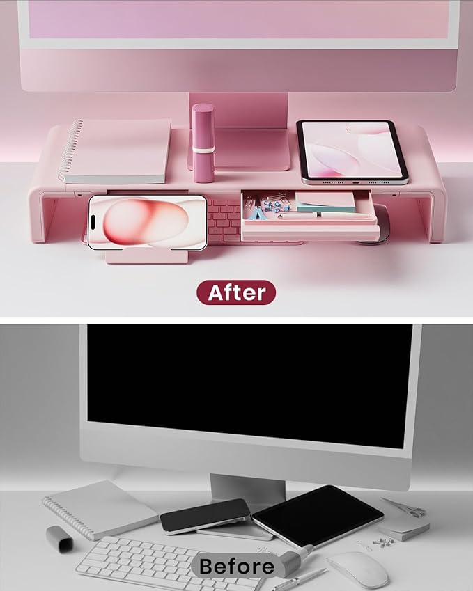 Pink Monitor Stand Riser, Klearlook Foldable, Height Adjustable Computer Stand, Desk Shelf Riser with Storage Drawer & Tablet Phone Stand for Desktop, Laptop