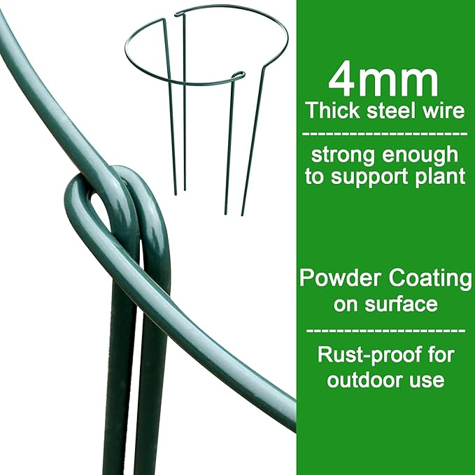 HiGift 8 Pack Plant Support Stakes, Half Round Metal Garden Plant Stake Indoor Peony Cages and Supports, Green Plant Support Ring Border for Tomato, Hydrangea, Flower Outdoor (10" Wide x 15.8" High)