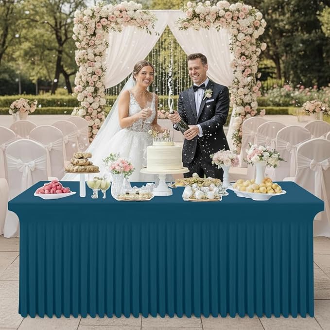 Smiry Spandex Tablecloth, Elastic Fitted Stretch Tablecloth for 8FT Rectangle Tables, Waterproof Washable Table Cover Skirt for Outdoor, Wedding, Banquet & Parties (Peacock Blue, 96Lx30Wx30H Inch)