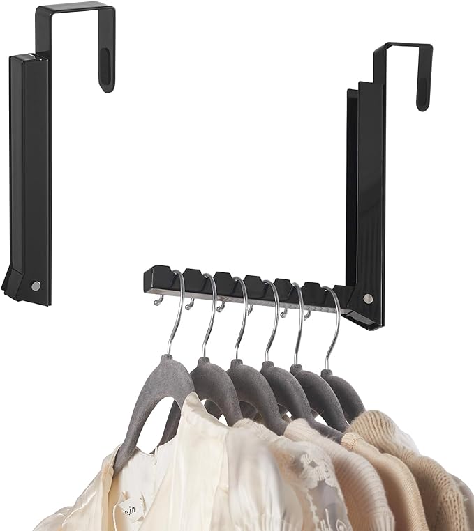 YAZYBHA Over The Door Hooks Hanger for Clothes, 1 Pack Foldable Over The Door Drying Rack for Laundry, Overdoor Hanger Hook with 6 Grooves for Towel, Coat, Black
