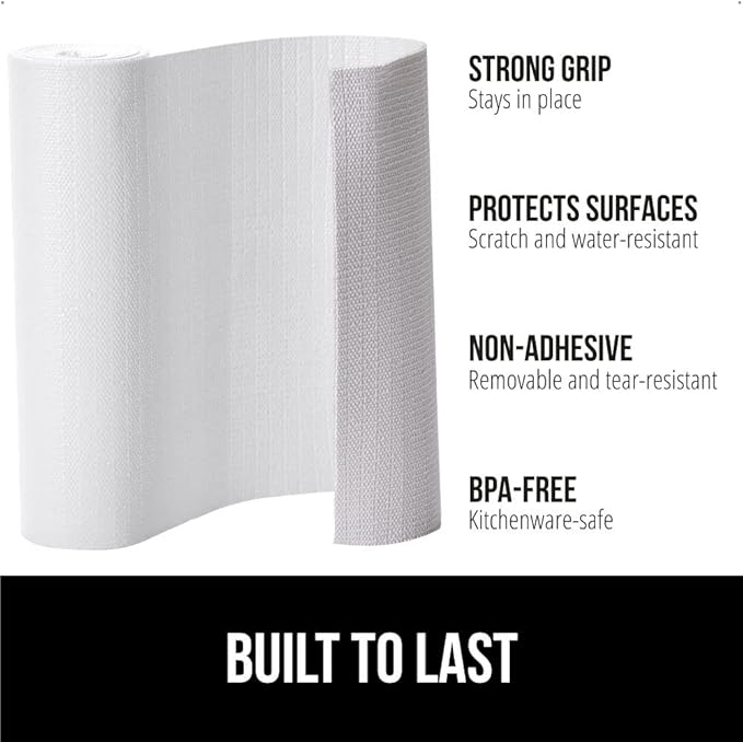 GORILLA GRIP DripGuard Shelf Liner, Non-Adhesive Drawer and Kitchen Cabinet Protector, Strong Grip Slip Resistant Underside, Smooth Surface Liners for Cabinets, Bathroom Closets, 17.5x240 Inch, White