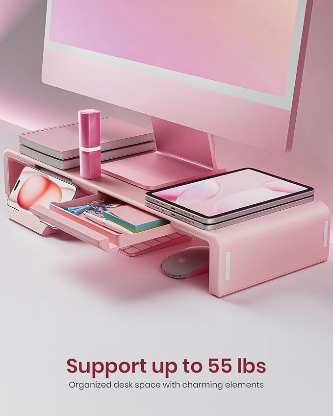 Pink Monitor Stand Riser, Klearlook Foldable, Height Adjustable Computer Stand, Desk Shelf Riser with Storage Drawer & Tablet Phone Stand for Desktop, Laptop