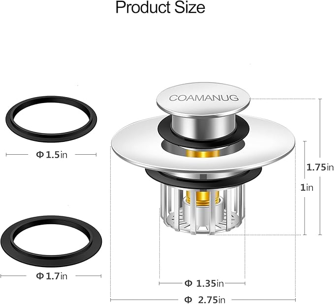COAMANUG Bathtub Stopper | Shower Drain Hair Catcher, Pop-up Tub Stopper with Strainer | Pop-up Bathtub Drain Plug | Drain Protector for 1-1/2 to 1-3/4" Bath Drain Hole- Pearl Chrome
