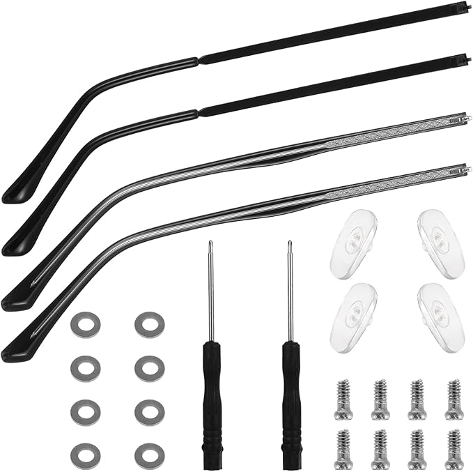 Glasses Arm Replacement 2 Pair Universal Eyeglass Repair Kit Anti-Slip Tips Eyeglasses Arms Legs Replacement Accessories with Screws, Nose Pads, Tools for Sunglasses, Reading Glasses Black TR90