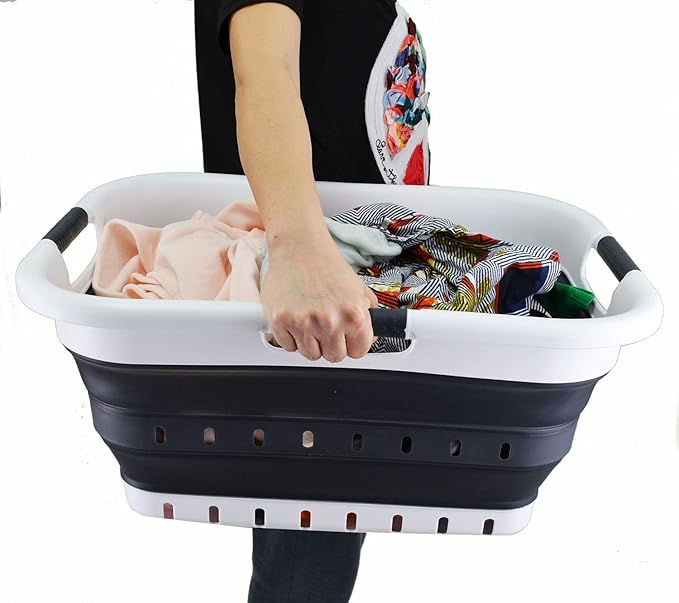 SAMMART 41L (10.8 gallon) Set of 2 Collapsible 3 Handled Plastic Laundry Basket-Foldable Pop Up Storage Container/Organizer-Space Saving Hamper/Basket (2, Black)