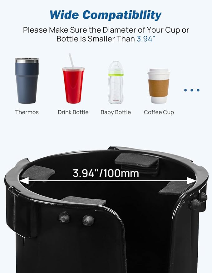 JOYTUTUS Wheelchair Cup Holder, 2-in-1 Walker Cup Holder with 4.72'' Small Storage Box, Drink Holder for Bottle with Handle, Fit for Wheelchair, Walker, Rollator, Stroller, Camper, Golf cart (Small)