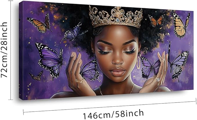 ZESTRILIA African American Wall Art for Girls Room Purple Black Butterfly Canvas Painting Prints Artwork Living Bedroom Office Decor Extra Large (58x28 Inches)