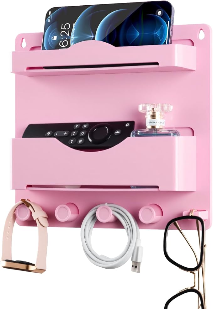 JUMEIHUI Bedside Shelf Accessories Organizer with Glasses Hooks, Wall Mount Self Stick On, Cute Room Decor Aesthetic, Girls Room Decor with 50 PCS Motivational Text Graffiti Stickers (Pink)