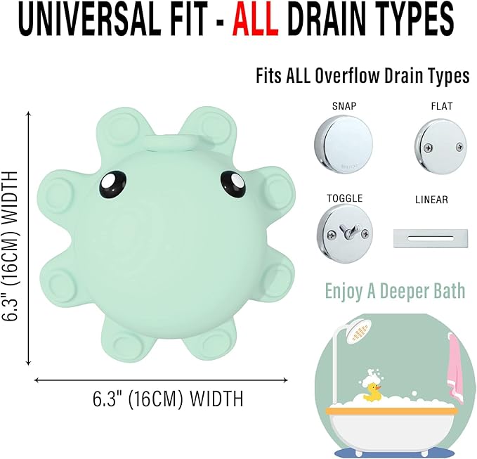 Bathtub Overflow Drain Cover - Silicone Bathroom Overflow Drain Cover, Bathtub Overflow Cover, Bathroom Spa Accessories, Adds Inches of Water for Deeper & Warmer Bath, Aqua Green
