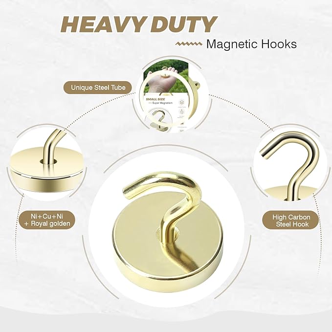 Neosmuk Magnetic Hooks, Cruise Ship Essentials, 120lb+ Heavy Duty Magnetic Hooks for Cruise Cabins, Refrigerator, Grill, Hanging, and Travel | Extra Strong Must-Haves Magnet Hook,Gold