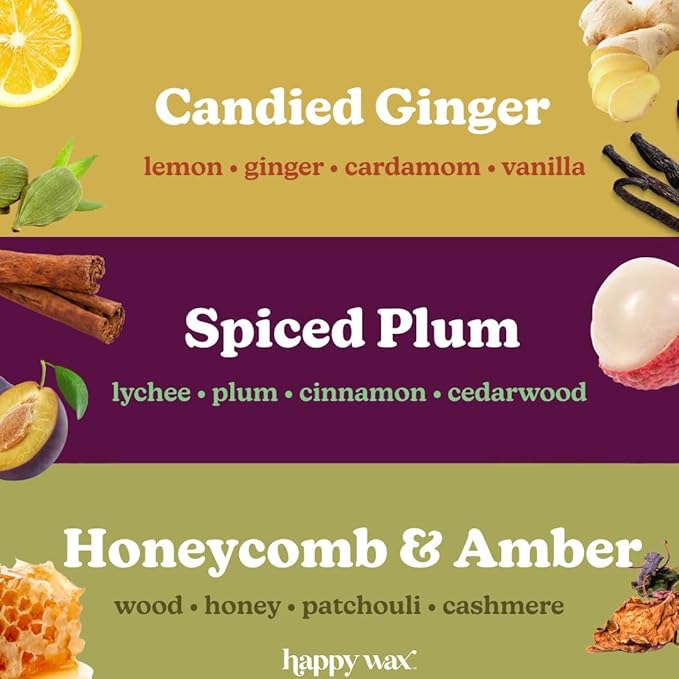 Happy Wax Fall Treats Collection Scented Natural Soy Wax Melts – 6 Total Oz. Collection Includes Spiced Plum, Candied Ginger and Honeycomb & Amber