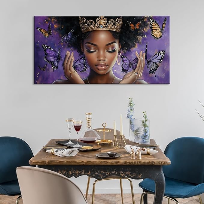 ZESTRILIA African American Wall Art for Girls Room Purple Black Butterfly Canvas Painting Prints Artwork Living Bedroom Office Decor Extra Large (58x28 Inches)
