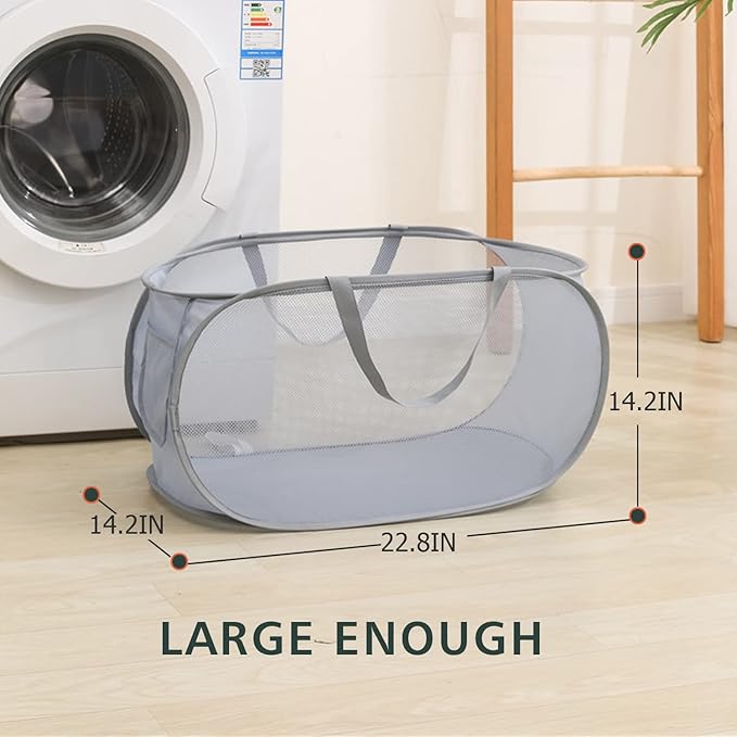 Pop Up Laundry Hamper,Collapsible Horizontal Baskets with Handles & Side Pocket,Foldable Sturdy mesh for Laundry Room,Bathroom,Kids Room,College Dorm or Travel (Black)