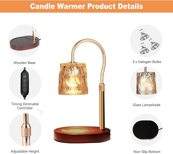 Candle Warmer Lamp with Timer & Dimmer, Candle Warmer Height Adjustable, Fits All Jar Scented Candles, Candle Lamp with 3 Bulbs for Home Decor