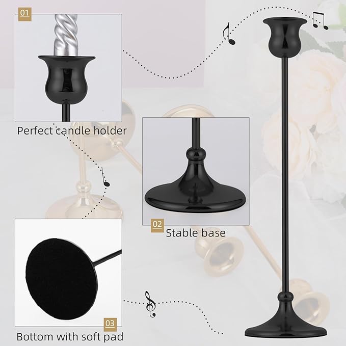 Metal Candle Holder Taper Candlestick Holders for Candle Sticks Vintage Candelabra for Halloween Thanksgiving Christmas (Matt Black, 1 Set (3 pcs))